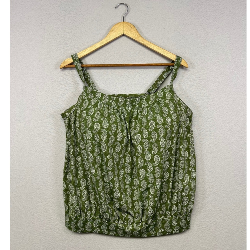 Boho Preppy Lands End Womens 18W Green Paisley Blouson Swim Tankini Top